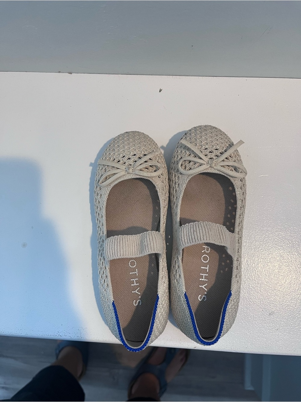 Rothy's Kids Cream Knit Mary Jane Flats with Blue Heel Accent